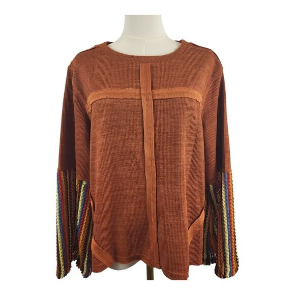 NEW POL Oversized Small Orange Sweater Multi Colored Striped Long Sleeves BOHO - Picture 2 of 14